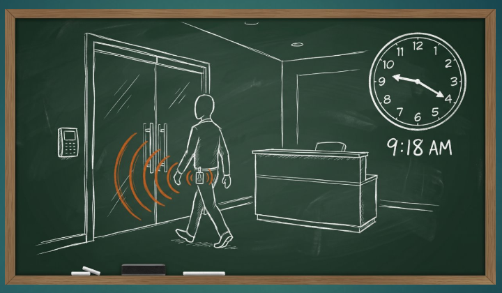 A tester passively capturing an employee's RFID badge signal with a concealed device near reception